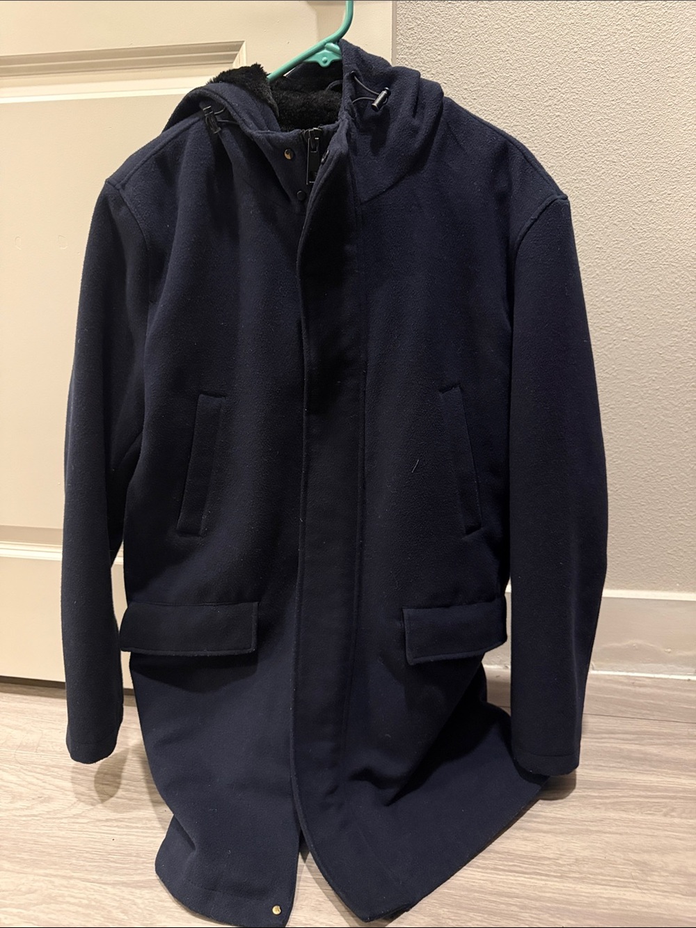 Zara Men's Navy Pea Coat with Hood